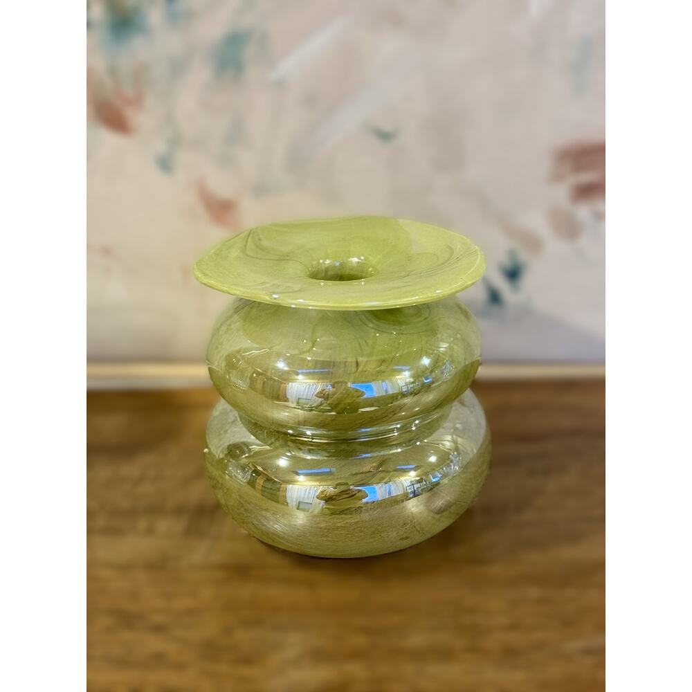 Vintage Green Bubble Glass Vase – Stacked Art Glass, MCM Hand-Blown Floral Vase